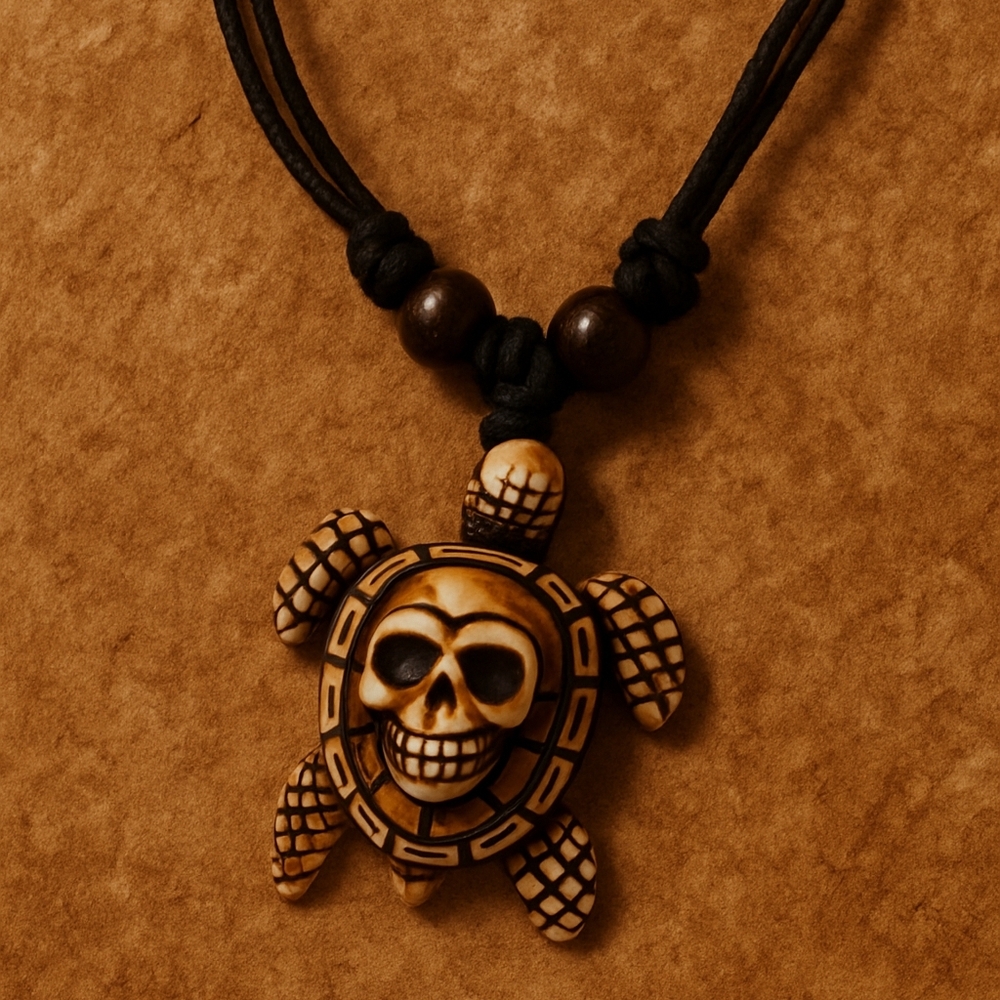 “Hand-Carved Turtle Skull Pendant Necklace — Boho Beach Tribal Jewelry”